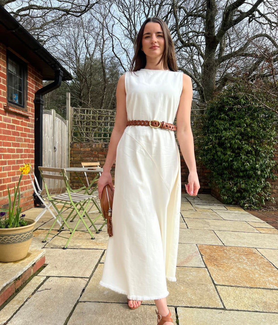 White Sleeveless Raw Hem Denim Dress