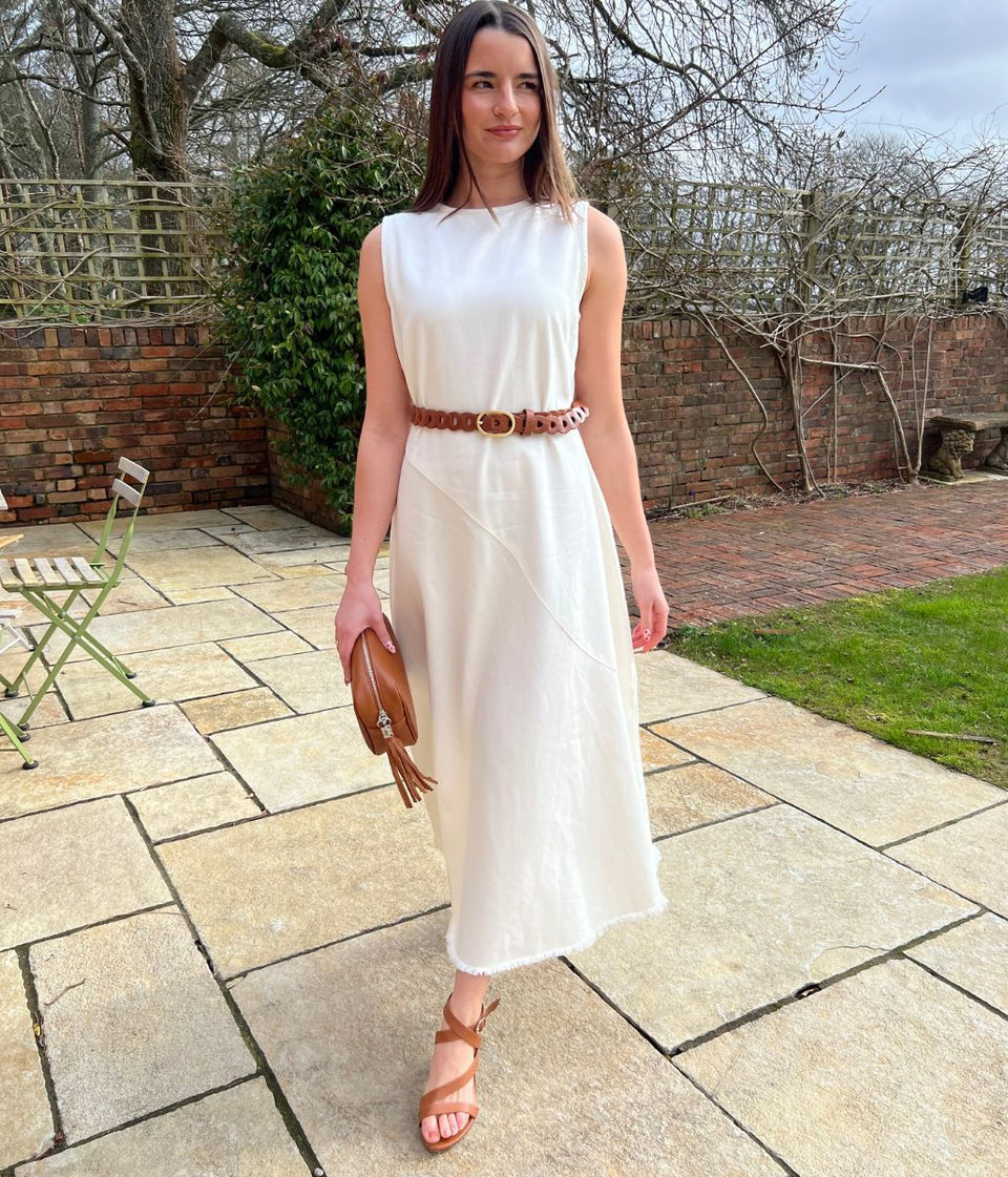 White Sleeveless Raw Hem Denim Dress