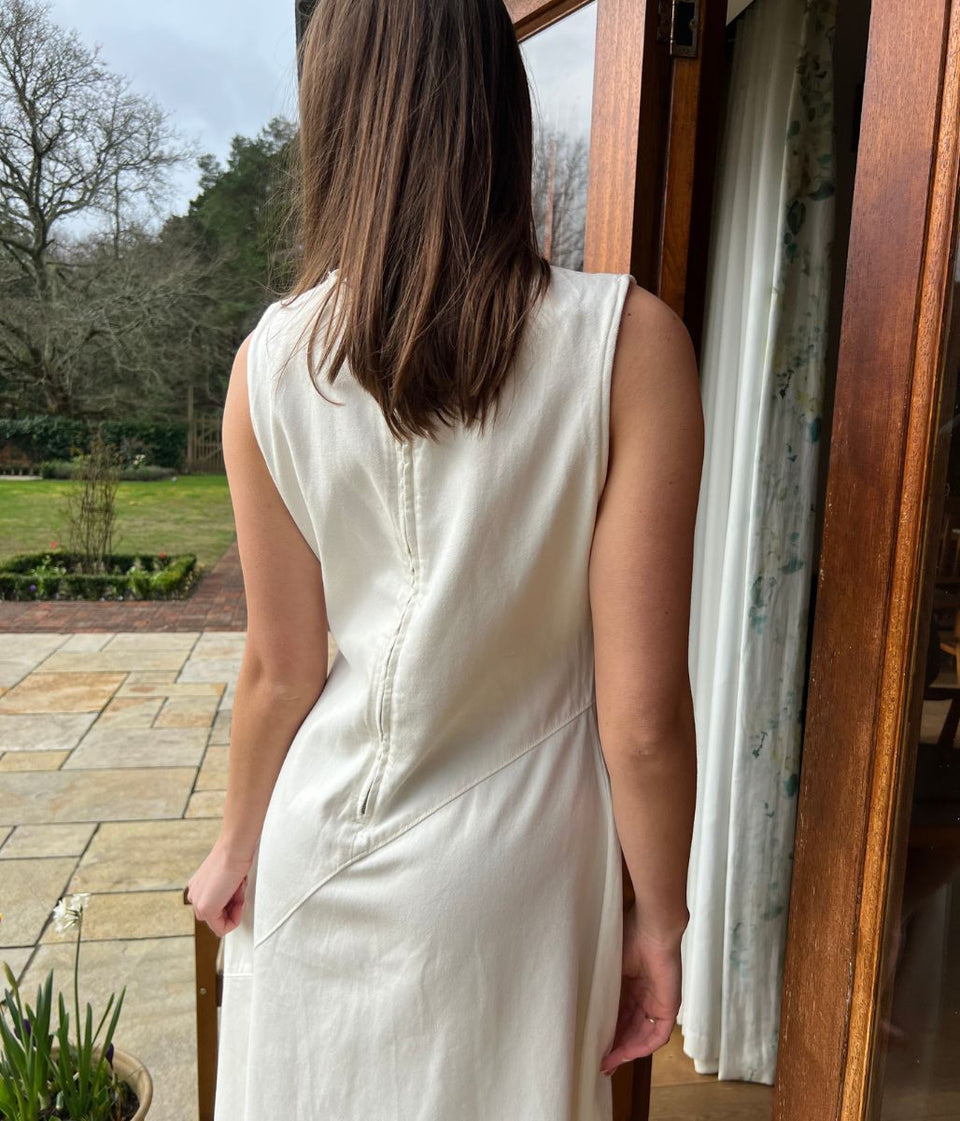 White Sleeveless Raw Hem Denim Dress