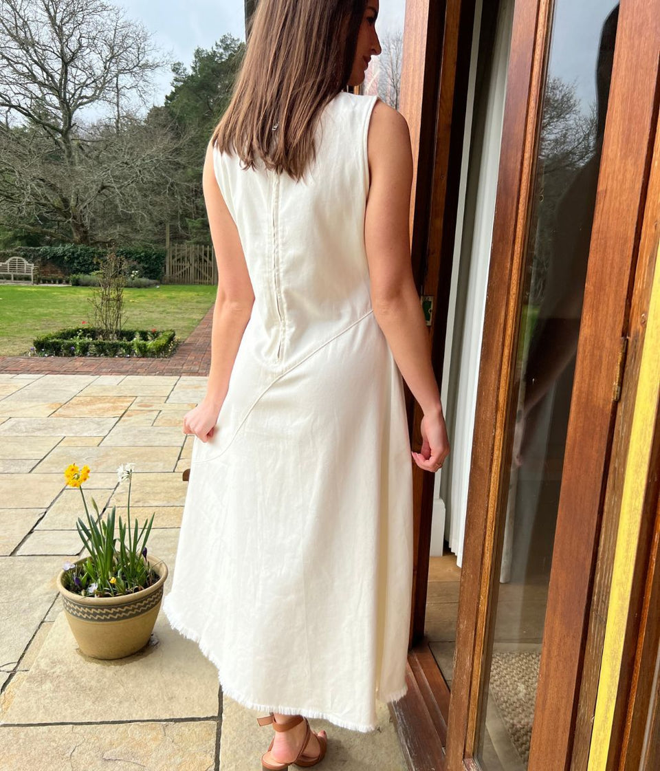 White Sleeveless Raw Hem Denim Dress