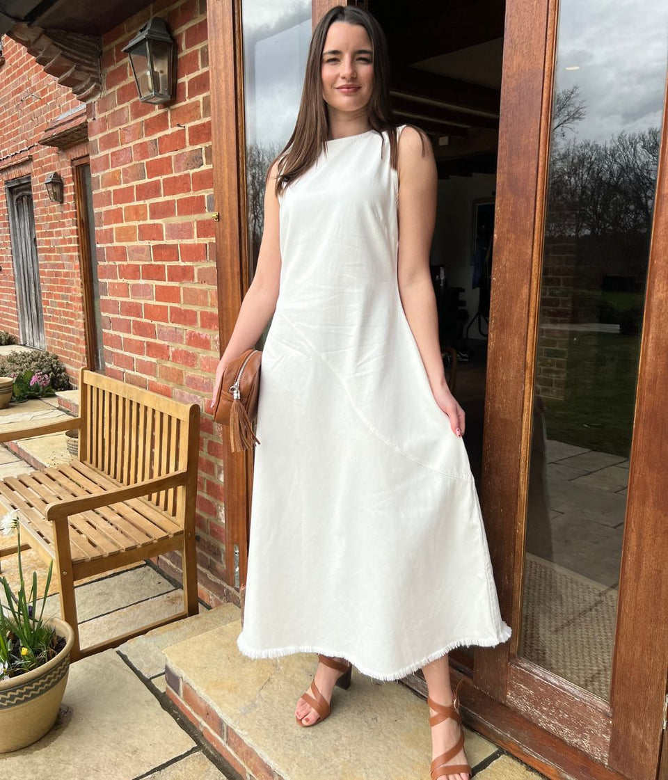 White Sleeveless Raw Hem Denim Dress