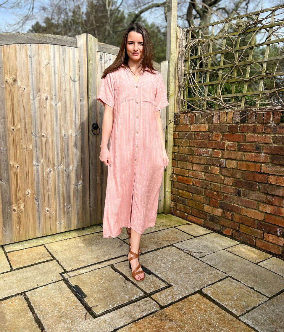 Pink Striped Linen Blend Shirt Dress
