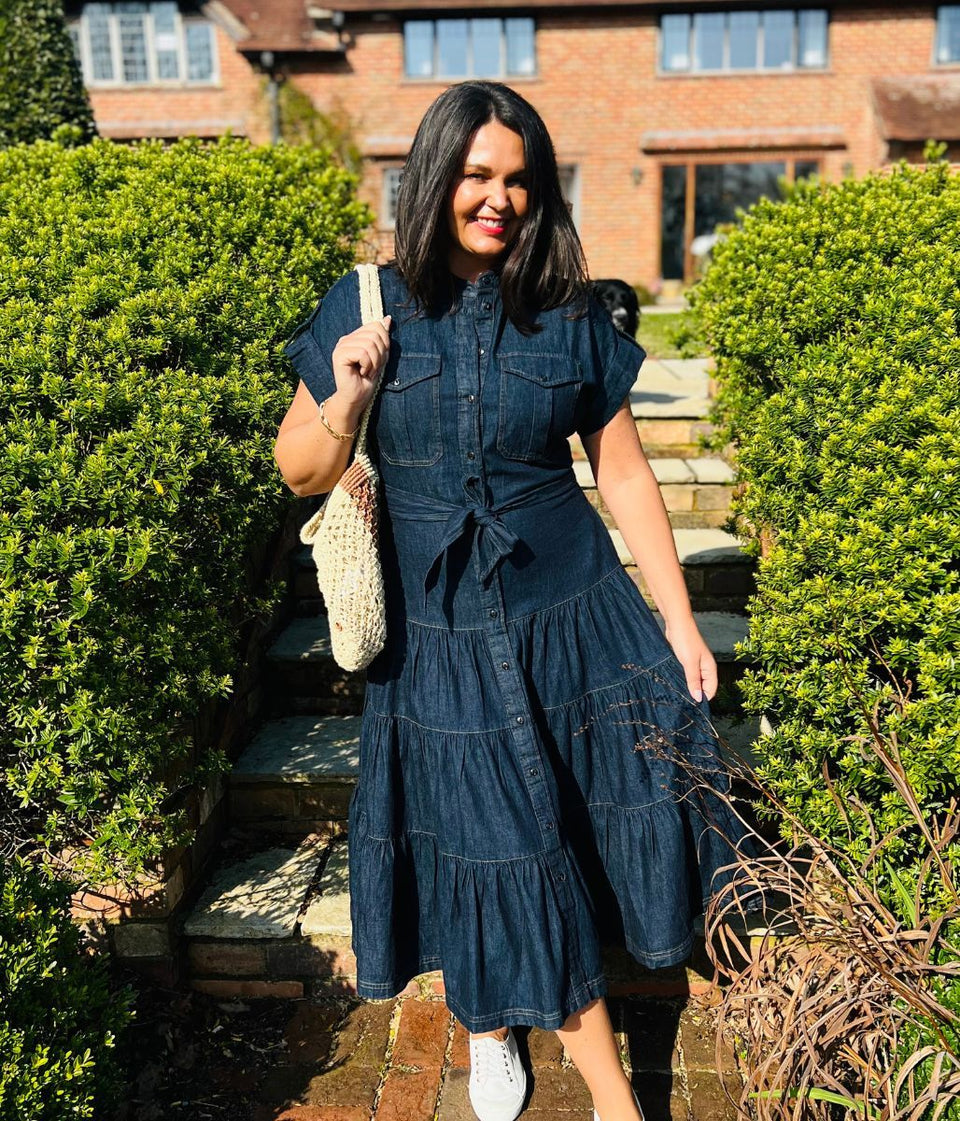 Belted Denim Tiered Shirt Dress