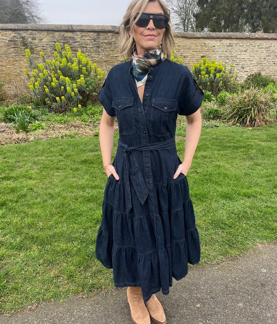 Belted Denim Tiered Shirt Dress