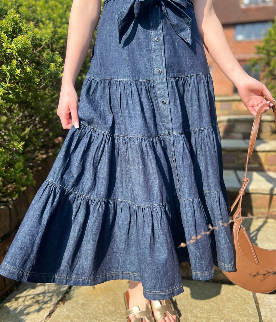 Belted Denim Tiered Shirt Dress