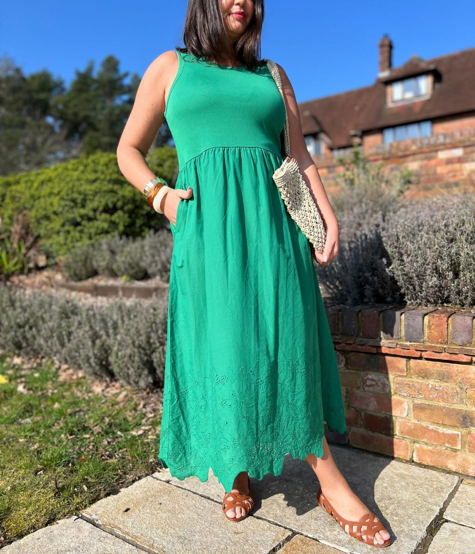 Green Embroidered Contrast Dress