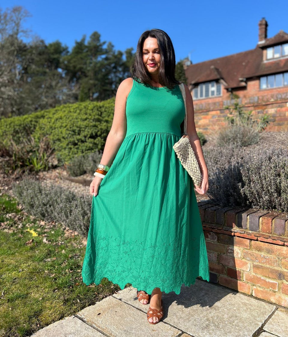 Green Embroidered Contrast Dress