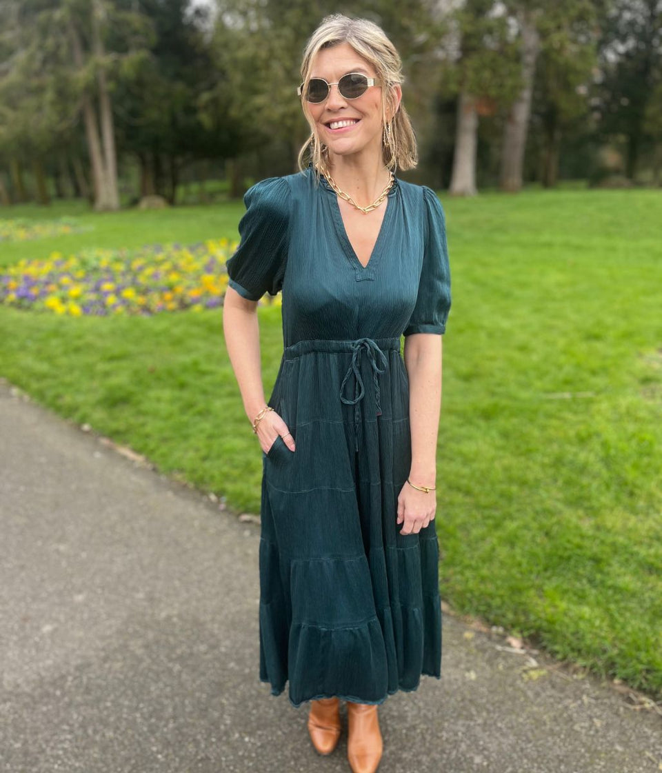 Teal Elle Tiered Satin Dress
