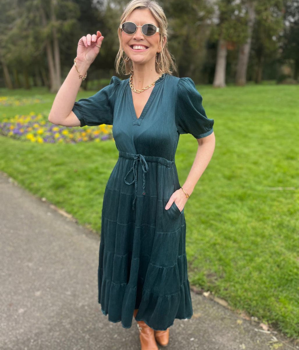Teal Elle Tiered Satin Dress