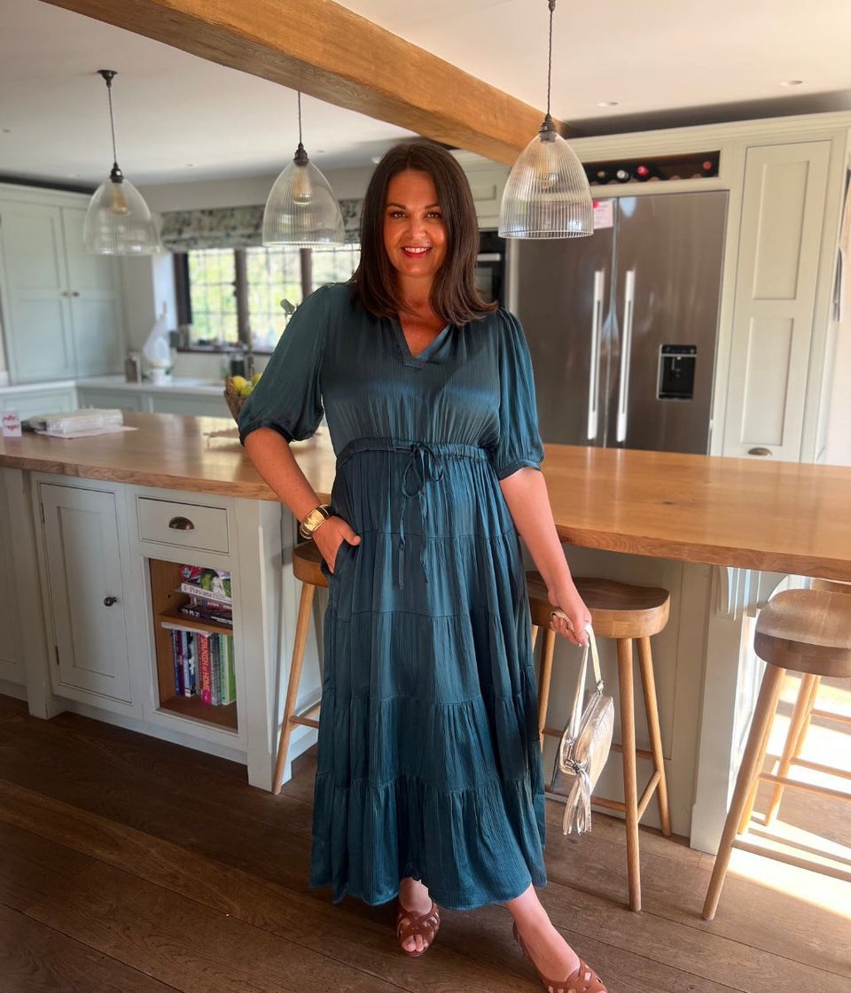 Teal Elle Tiered Satin Dress