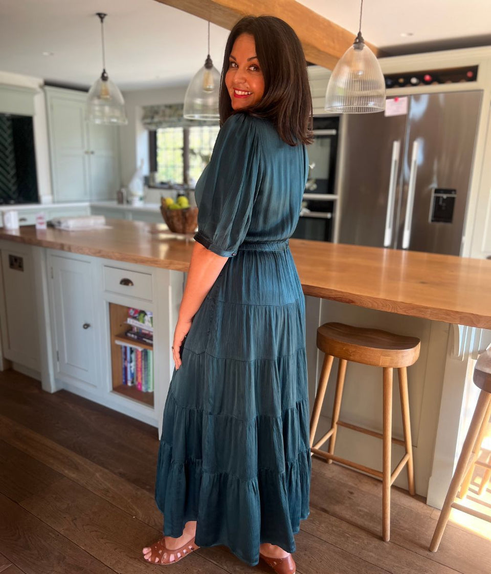 Teal Elle Tiered Satin Dress