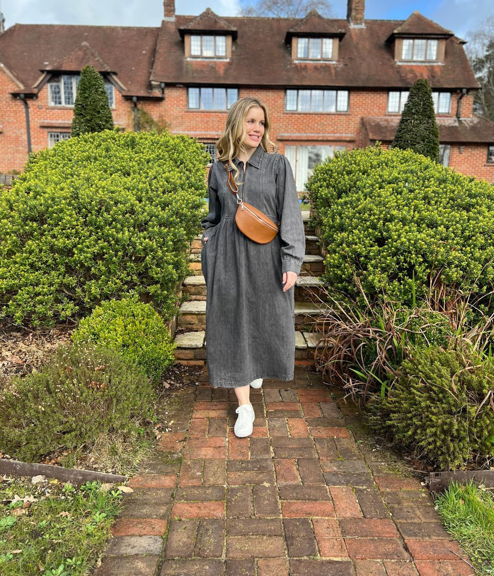 Grey Denim Long Sleeve Zip Front Midi Dress