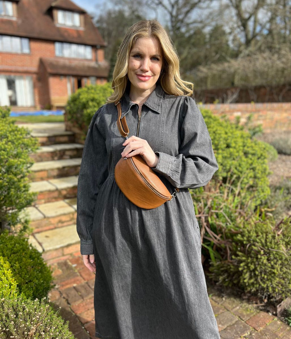 Grey Denim Long Sleeve Zip Front Midi Dress