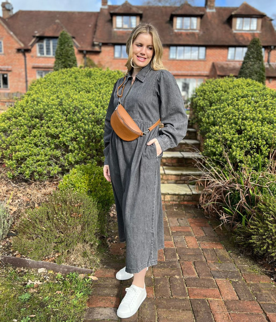 Grey Denim Long Sleeve Zip Front Midi Dress