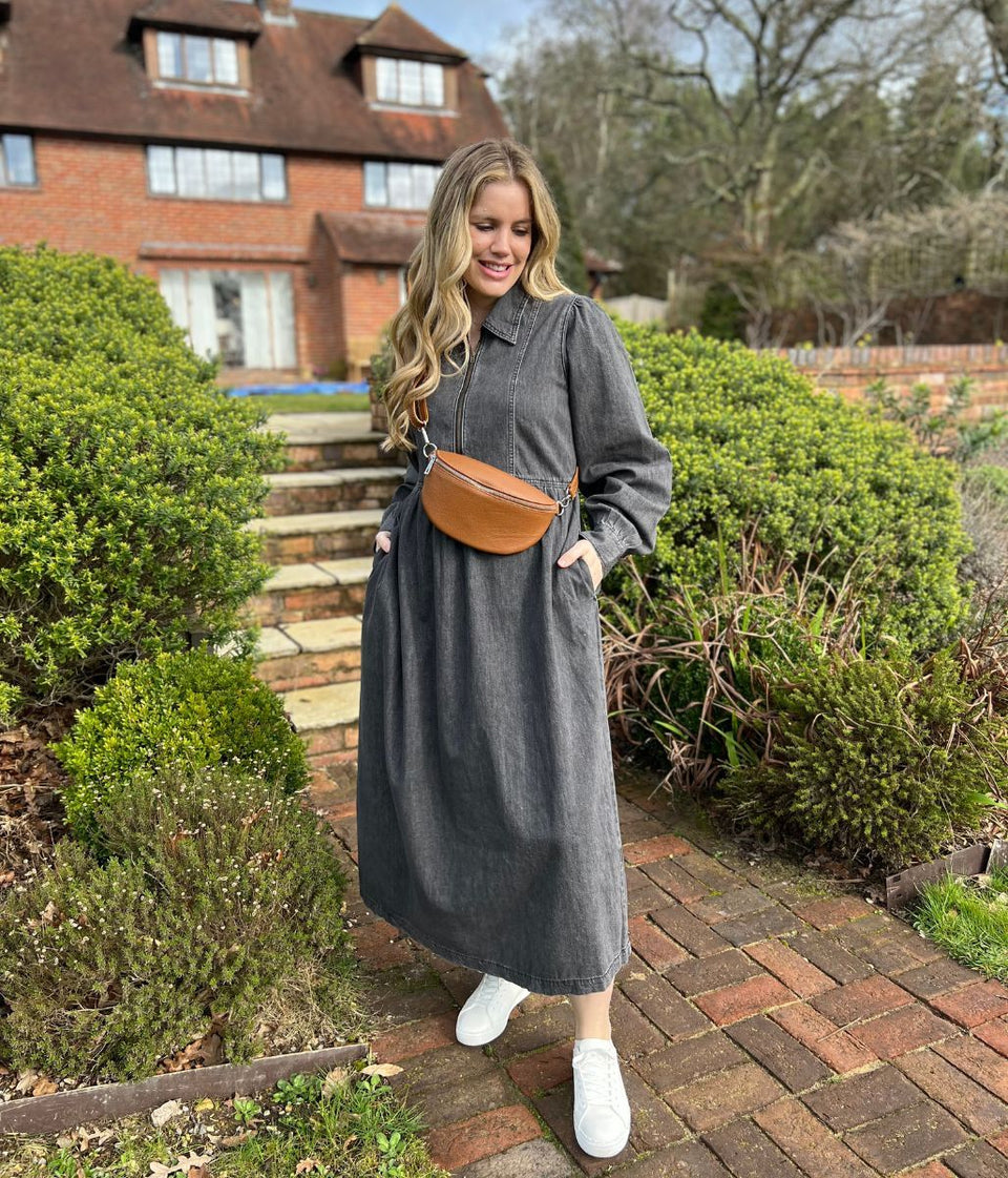 Grey Denim Long Sleeve Zip Front Midi Dress