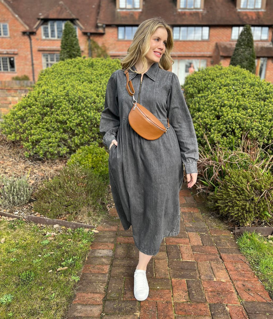 Grey Denim Long Sleeve Zip Front Midi Dress