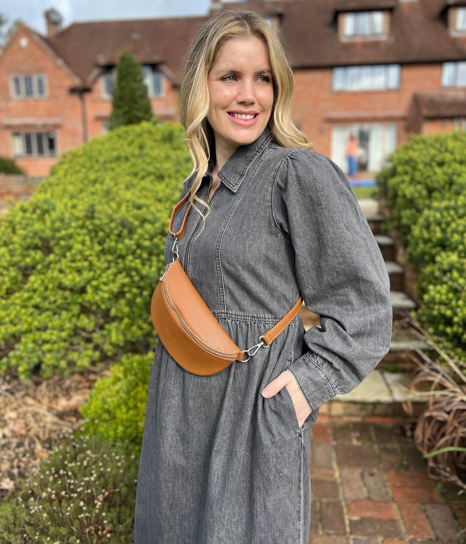 Grey Denim Long Sleeve Zip Front Midi Dress