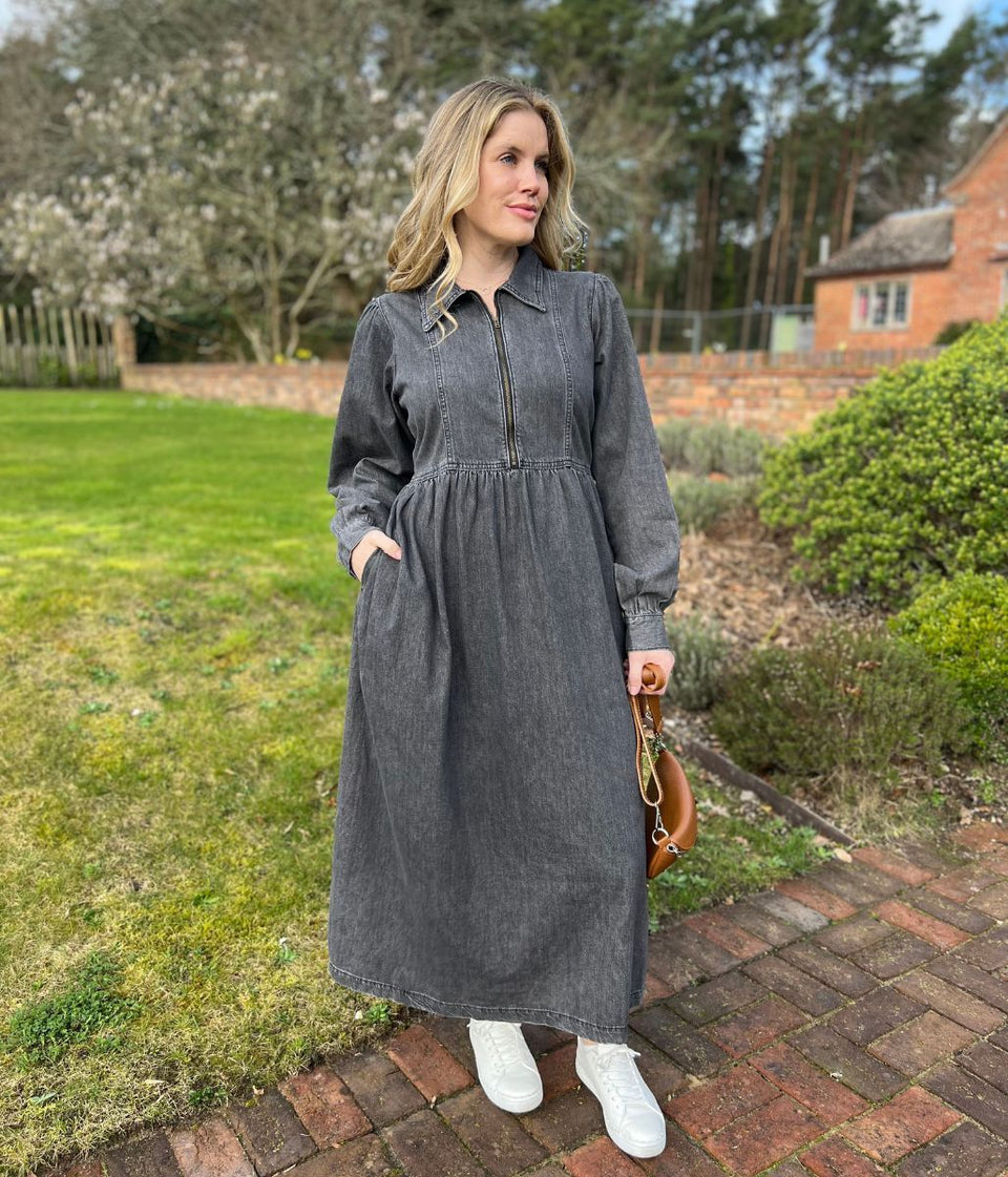 Grey Denim Long Sleeve Zip Front Midi Dress