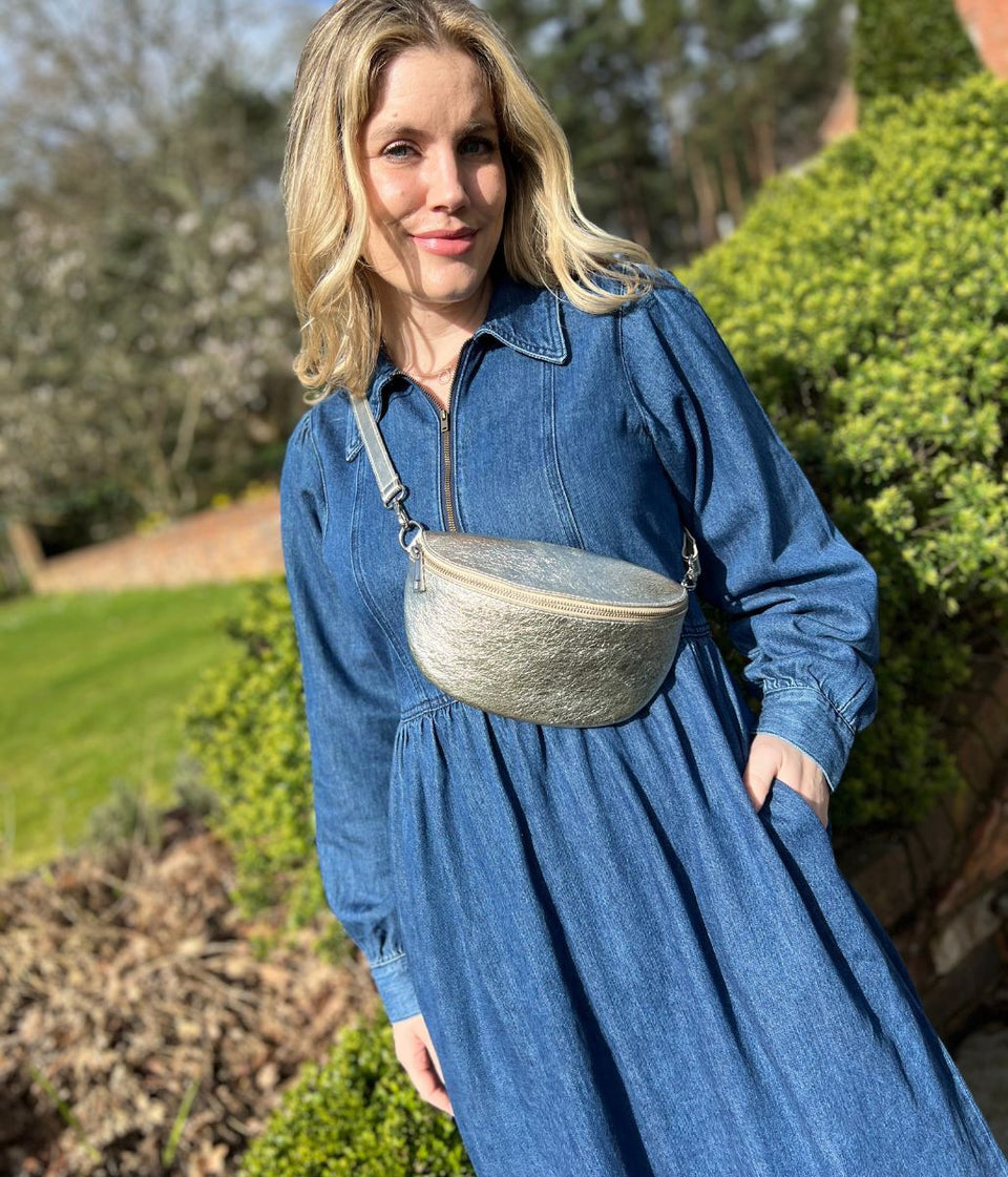 Blue Denim Long Sleeve Zip Front Midi Dress