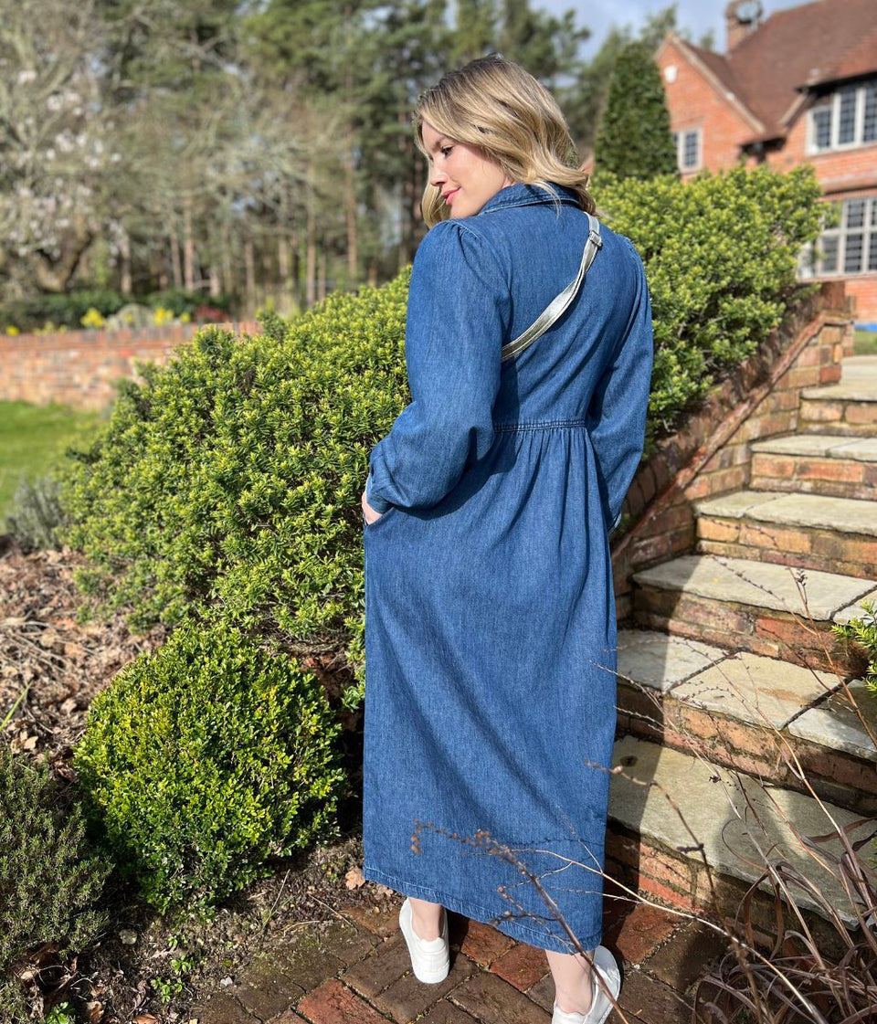 Blue Denim Long Sleeve Zip Front Midi Dress