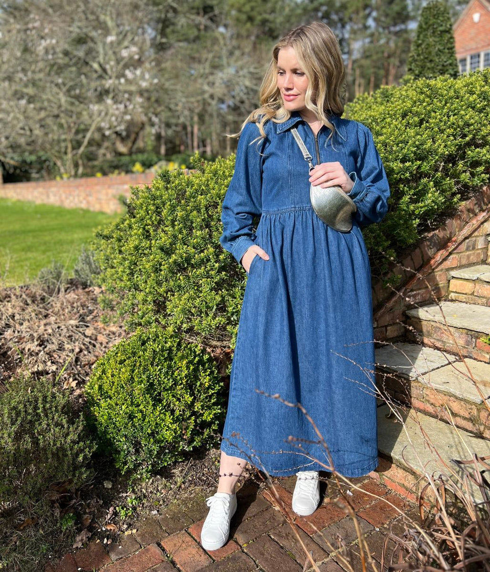 Blue Denim Long Sleeve Zip Front Midi Dress