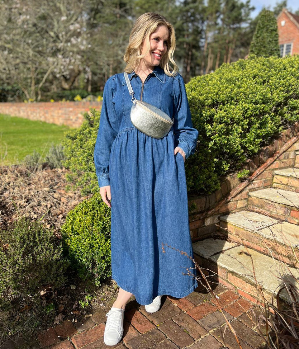Blue Denim Long Sleeve Zip Front Midi Dress