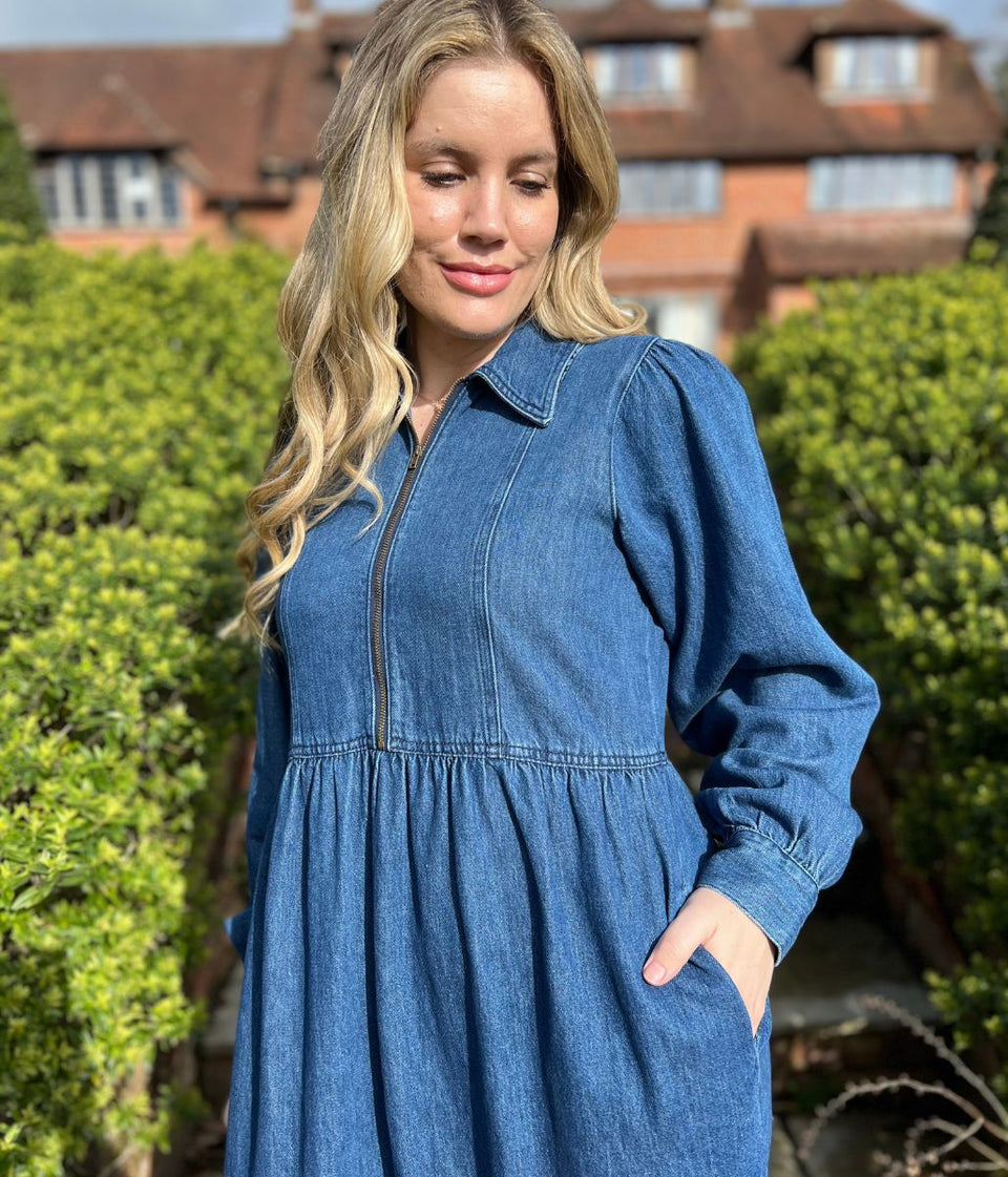 Blue Denim Long Sleeve Zip Front Midi Dress