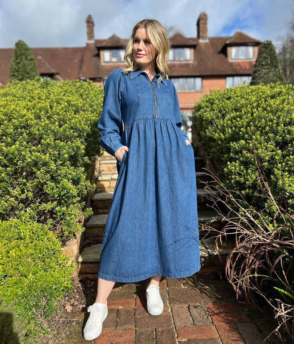 Blue Denim Long Sleeve Zip Front Midi Dress