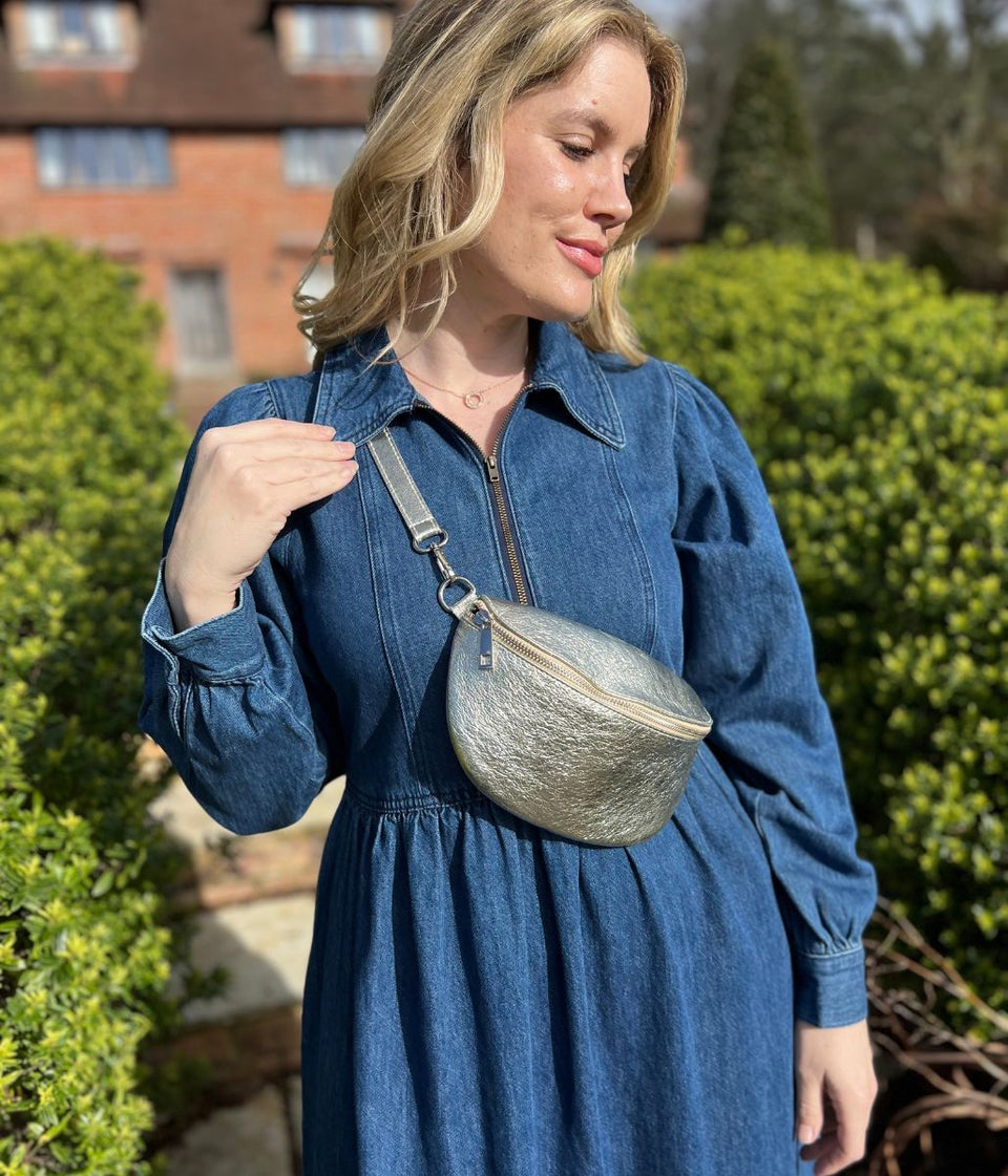 Blue Denim Long Sleeve Zip Front Midi Dress