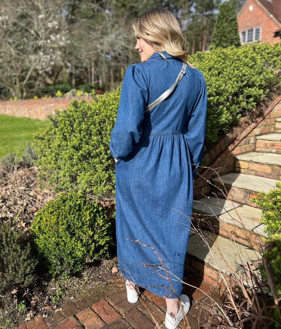 Blue Denim Long Sleeve Zip Front Midi Dress