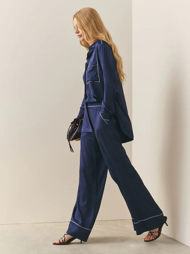 Navy Contrast Stitch Satin Shirt