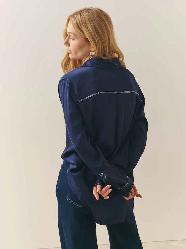 Navy Contrast Stitch Satin Shirt