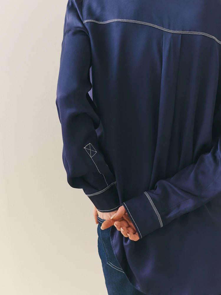 Navy Contrast Stitch Satin Shirt