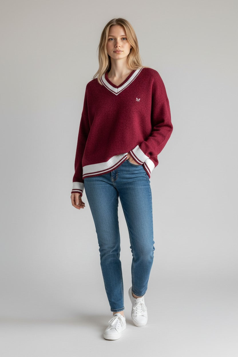 Red V Neck Oversized Cricket Jumper