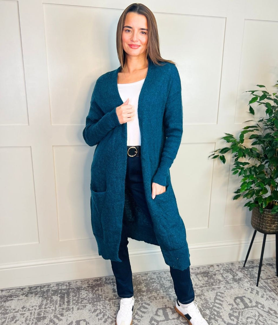 Teal Mohair Blend Long Cardigan