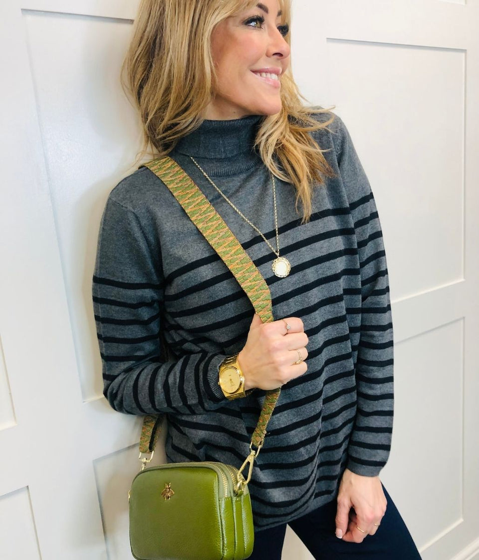 Grey Striped Polo Neck Jumper