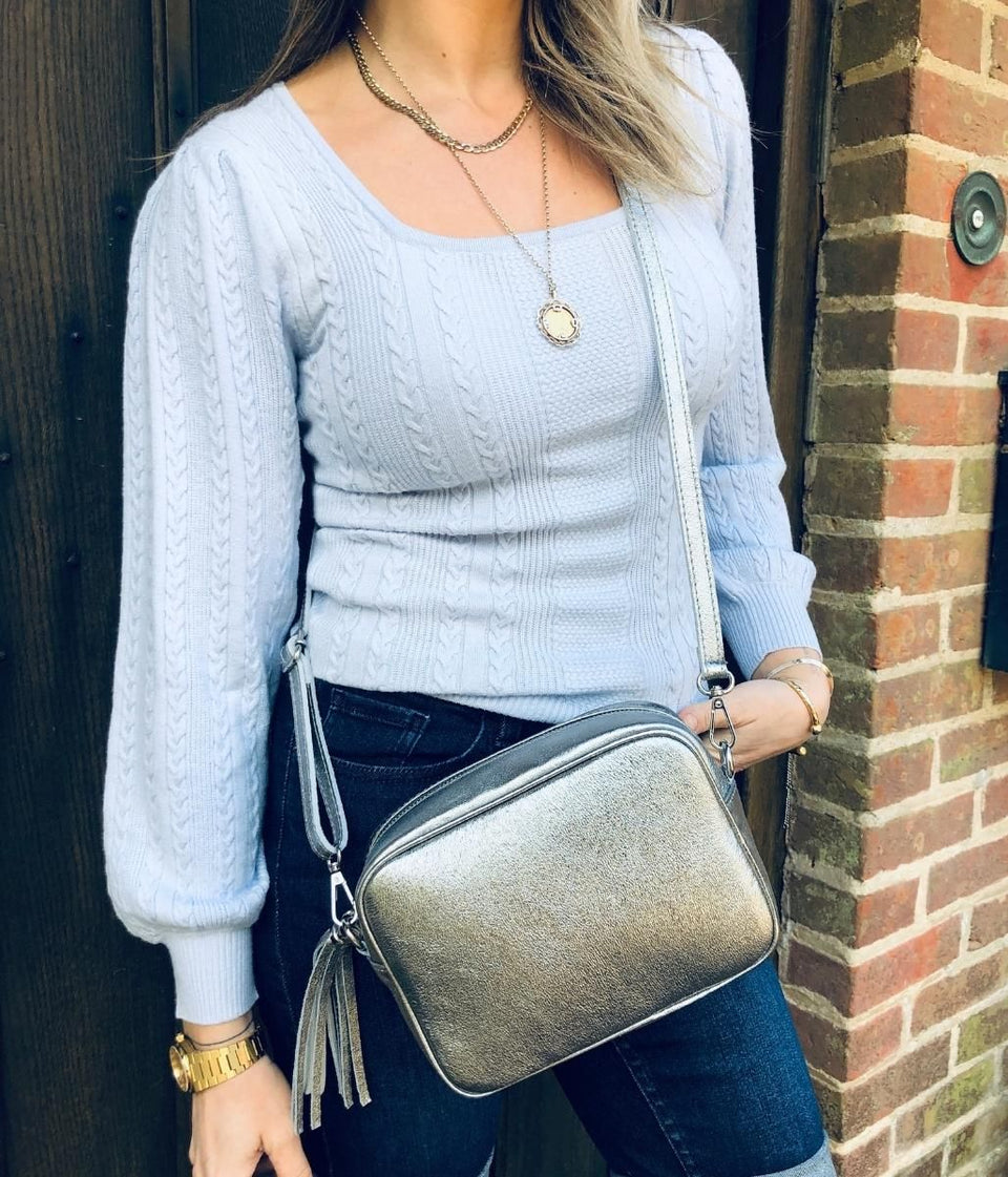 Blue Square Neck Cable Knit Jumper