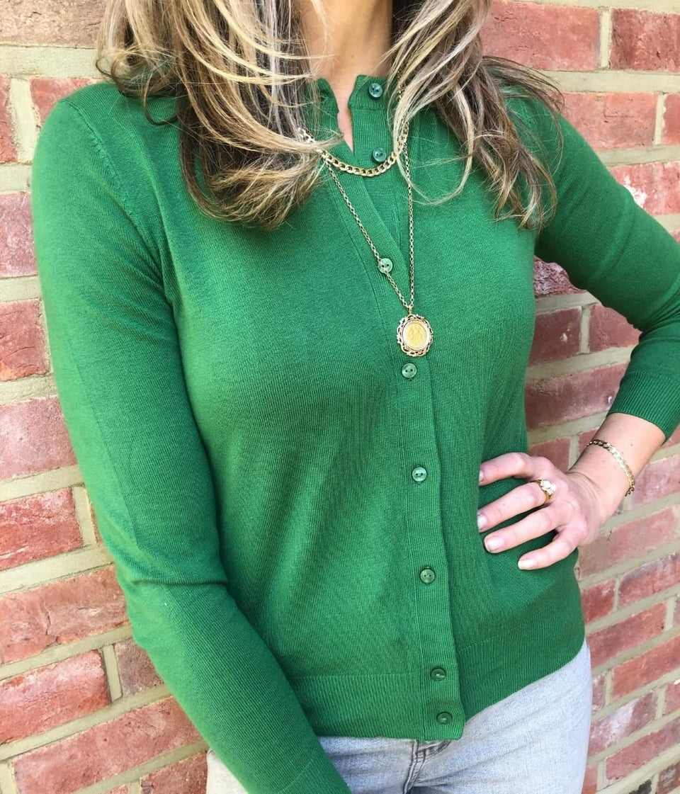 Dark Green Classic Round Neck Cardigan