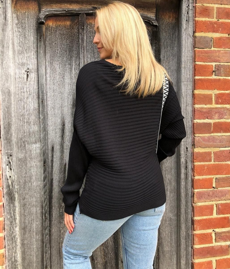 Black Ribbed Batwing Jumper