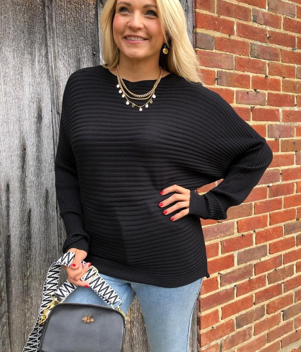 Black Ribbed Batwing Jumper