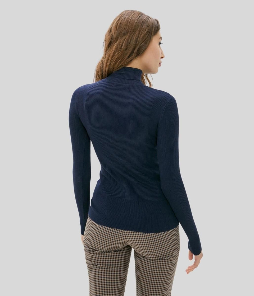 Navy Ribbed Roll Neck Fitted Jumper