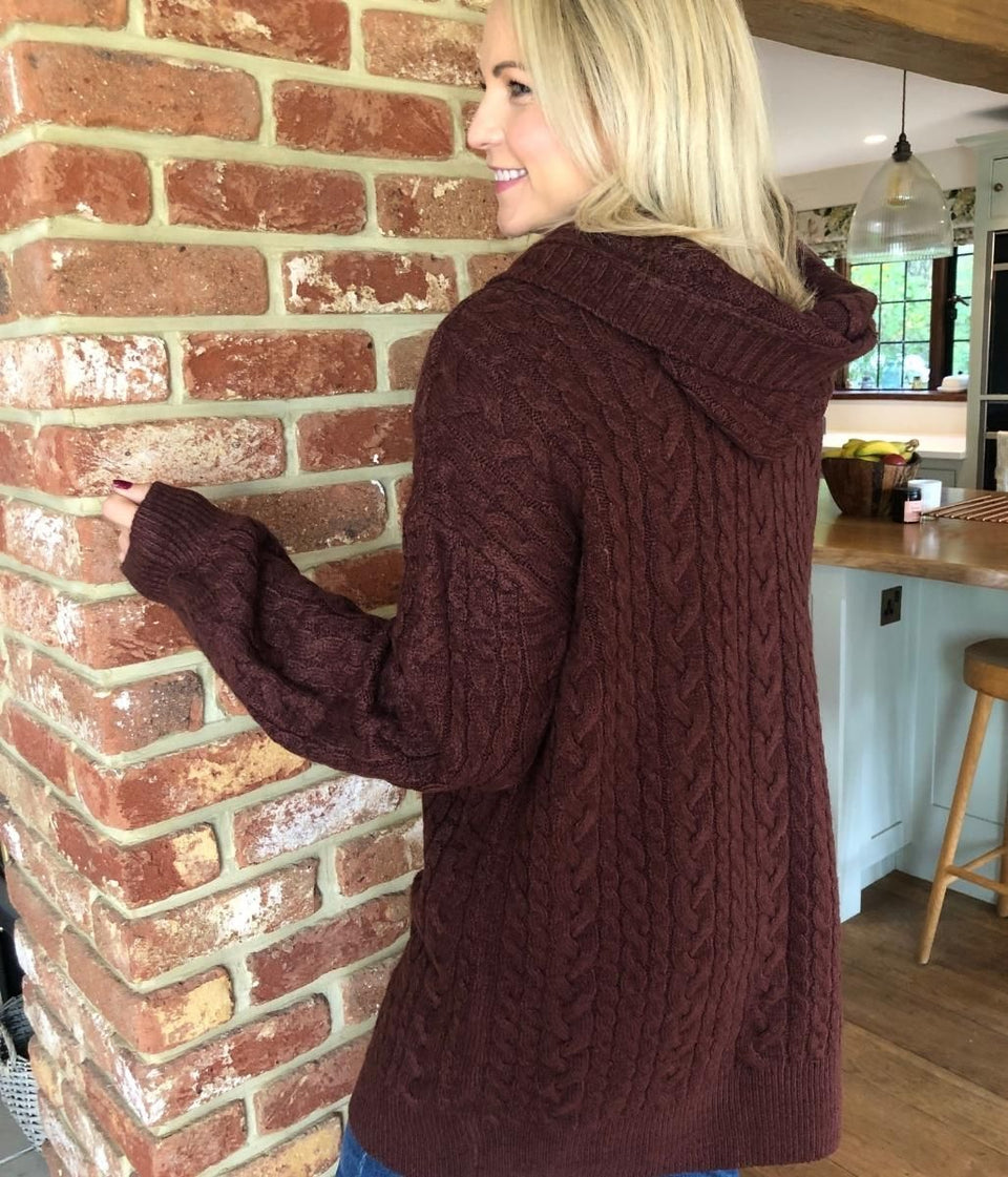 Brown Chunky Cable Knit Hooded Cardigan