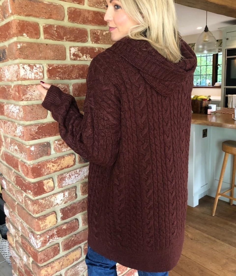 Brown Chunky Cable Knit Hooded Cardigan