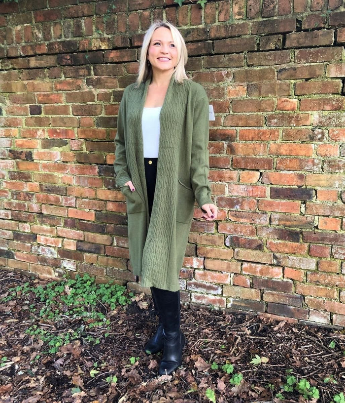 Long green cardigan outlet outfit