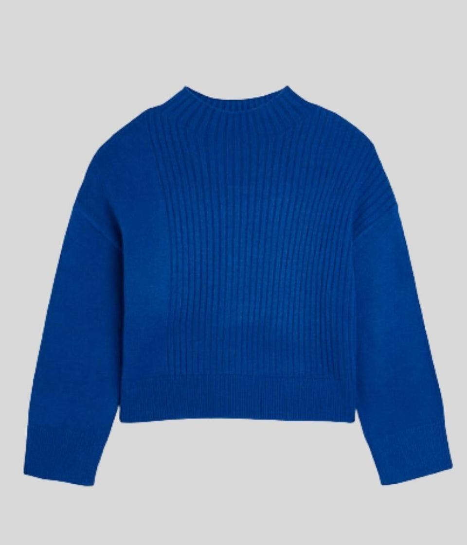 Blue Part Ribbed Funnel Neck Jumper