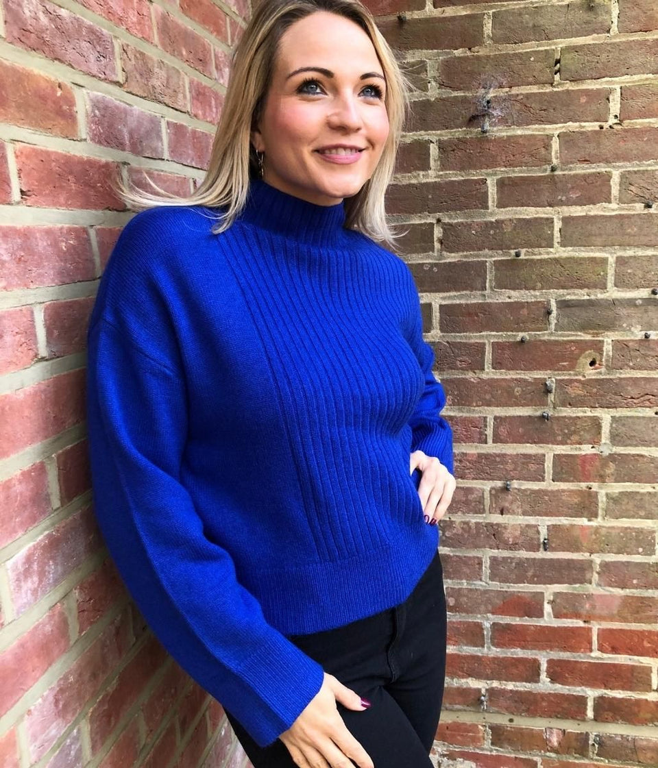 Blue Part Ribbed Funnel Neck Jumper