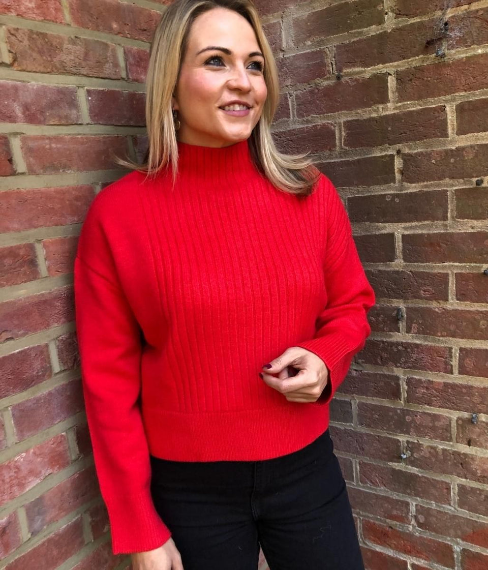 Red Part Ribbed Funnel Neck Jumper