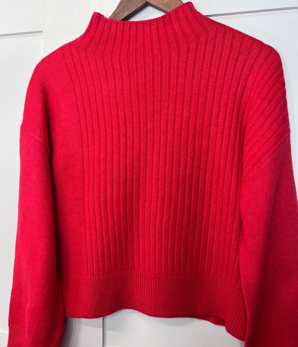 Red Part Ribbed Funnel Neck Jumper