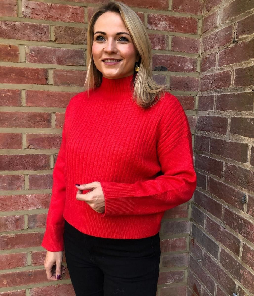 Red Part Ribbed Funnel Neck Jumper