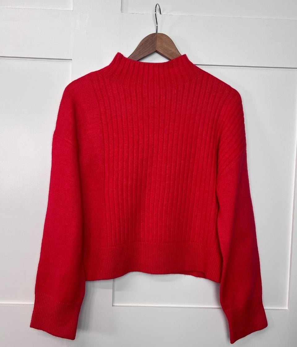 Red Part Ribbed Funnel Neck Jumper